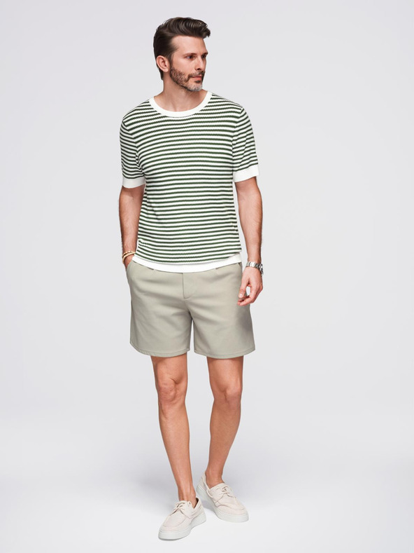 Ombre Clothing Pánské námořnické pruhované pletené tričko s prolamovanou vazbou - olivová a bílá