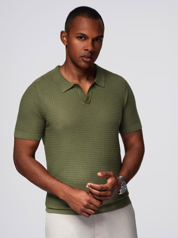 Ombre Clothing Pánská pletená polokošile bez knoflíků - olivová