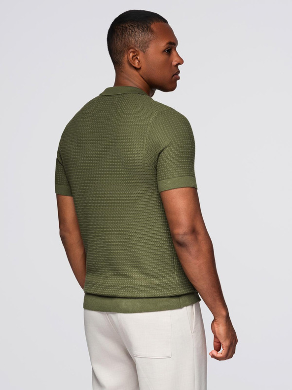 Ombre Clothing Pánská pletená polokošile bez knoflíků - olivová