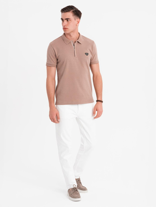 Ombre Clothing Pánská polokošile s výstřihem na zip - světle hnědá