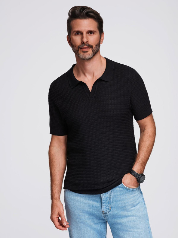Ombre Clothing Pánská pletená polokošile bez knoflíků - černá