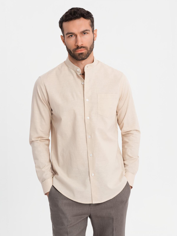 Ombre Clothing Pánská plátěná košile se stojáčkem a kapsou REGULAR FIT - krémová