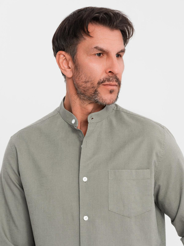 Ombre Clothing Pánská plátěná košile se stojáčkem a kapsou REGULAR FIT - khaki