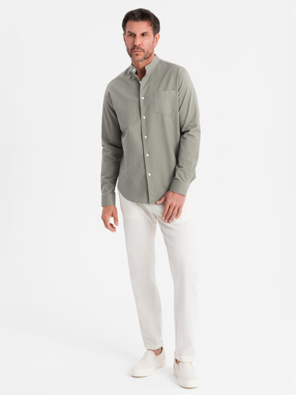 Ombre Clothing Pánská plátěná košile se stojáčkem a kapsou REGULAR FIT - khaki
