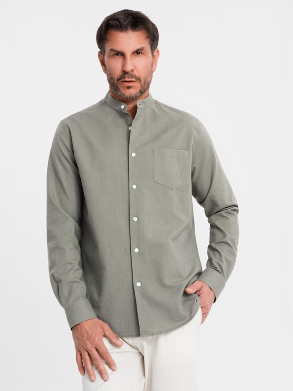 Ombre Clothing Pánská plátěná košile se stojáčkem a kapsou REGULAR FIT - khaki