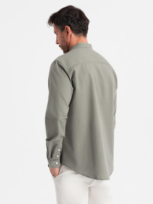 Ombre Clothing Pánská plátěná košile se stojáčkem a kapsou REGULAR FIT - khaki