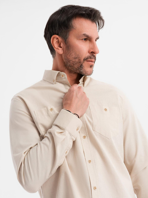 Ombre Clothing Pánská plátěná košile s klasickým límcem a kapsami REGULAR FIT - krémová