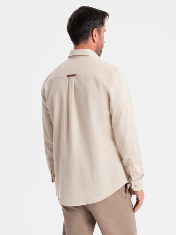 Ombre Clothing Pánská plátěná košile s klasickým límcem a kapsami REGULAR FIT - krémová