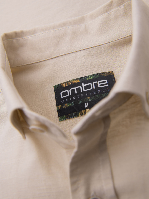 Ombre Clothing Pánská plátěná košile s klasickým límcem a kapsami REGULAR FIT - krémová