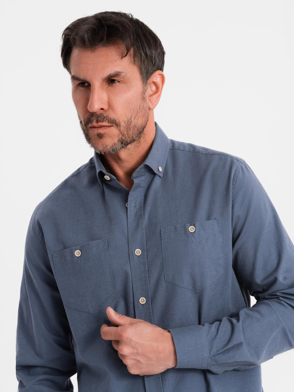 Ombre Clothing Pánská plátěná košile s klasickým límcem a kapsami REGULAR FIT - modrá