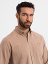Ombre Clothing Pánská lněná košile s klasickým límcem a kapsami REGULAR FIT - světle hnědá