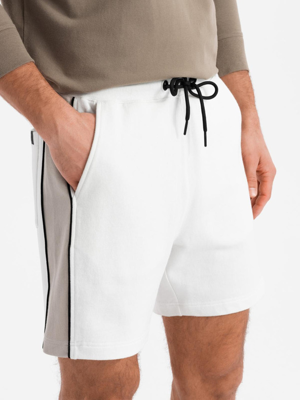 Ombre Clothing Pánské krátké teplákové kraťasy s širokými pruhy - bílé