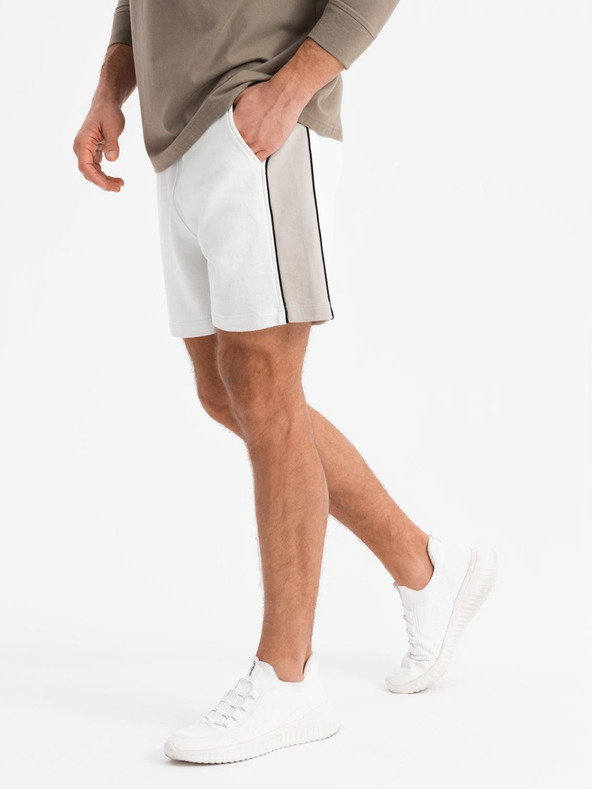 Ombre Clothing Pánské krátké teplákové kraťasy s širokými pruhy - bílé