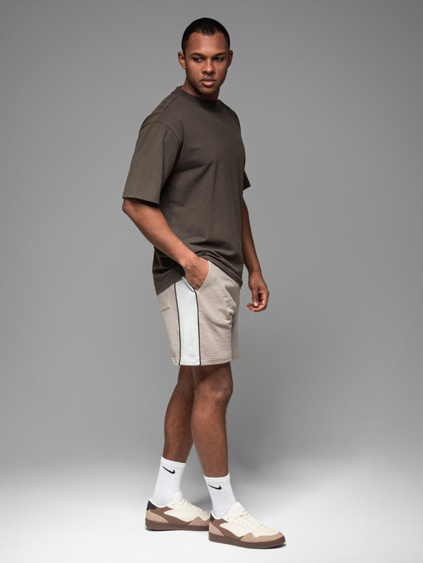 Ombre Clothing Pánské krátké teplákové kraťasy s širokými pruhy - béžové