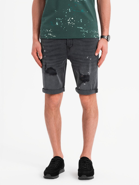 Ombre Clothing Pánské krátké džínové šortky s roztržením a ohrnutou nohavicí - šedé