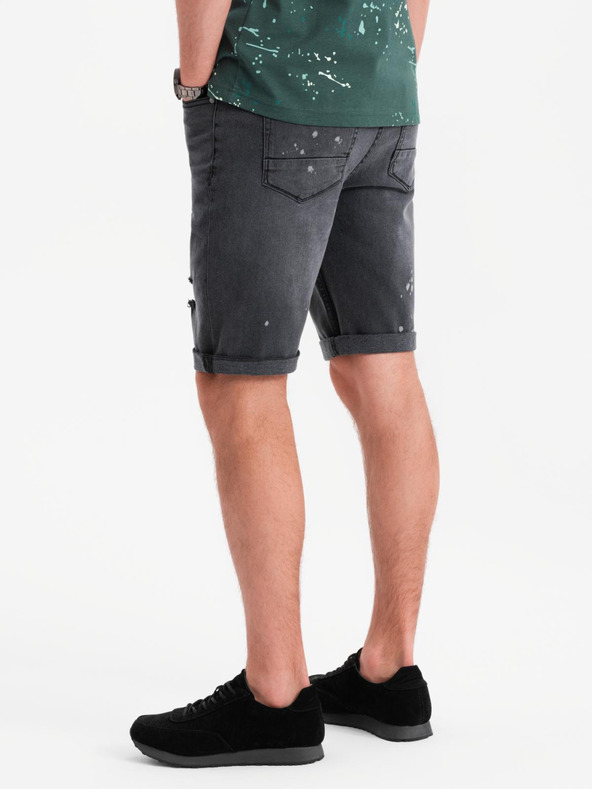 Ombre Clothing Pánské krátké džínové šortky s roztržením a ohrnutou nohavicí - šedé