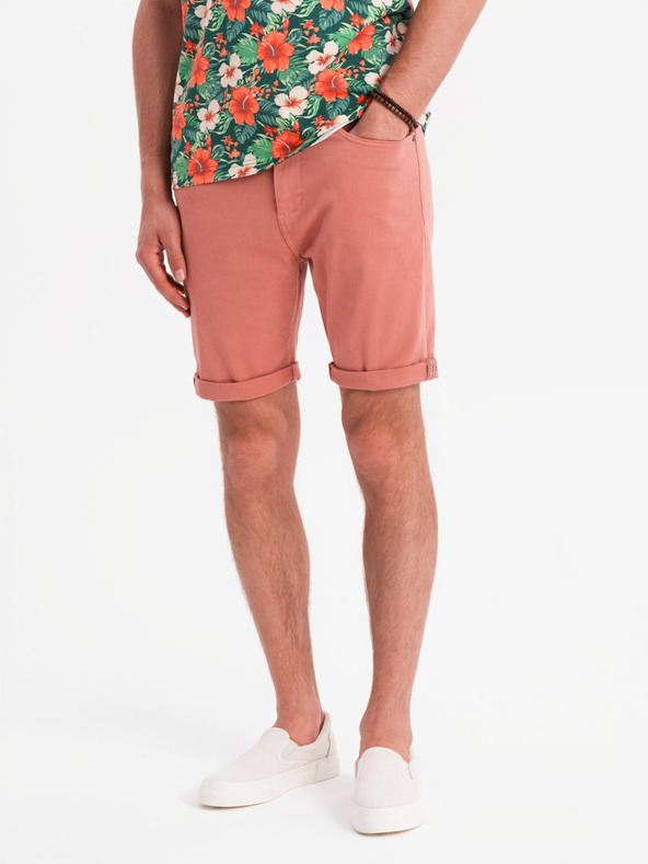 Ombre Clothing Pánské džínové šortky s ohrnutou nohavicí - korálová