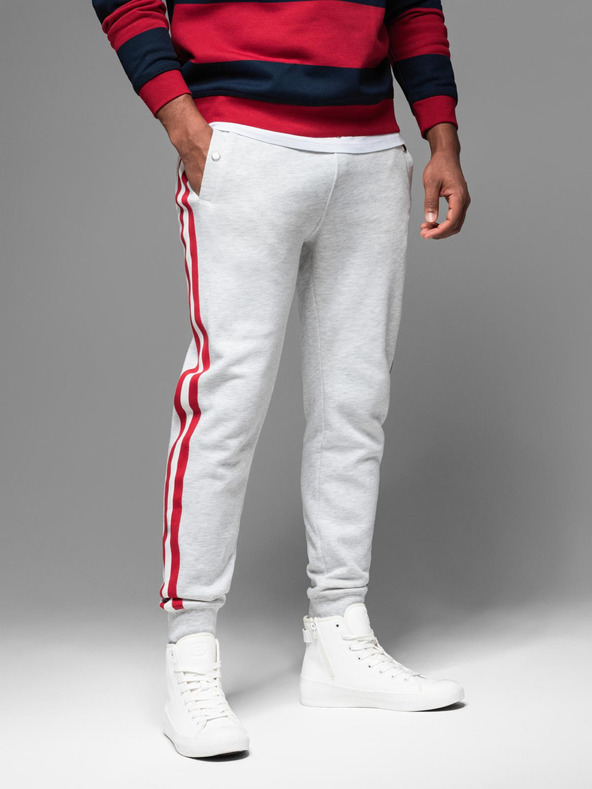 Ombre Clothing Pánské tepláky s lemováním a žebrováním na nohavicích - šedý melír