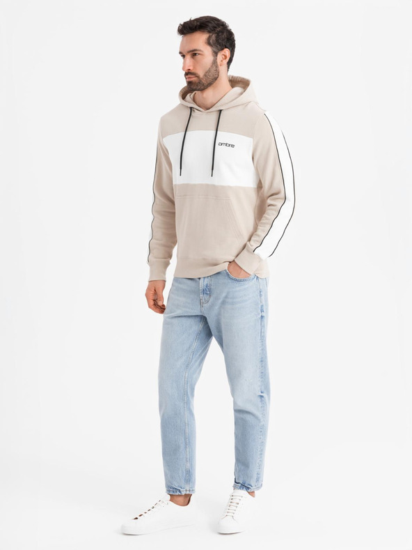 Ombre Clothing Pánská bavlněná mikina s kapucí s kontrastními prvky - béžová