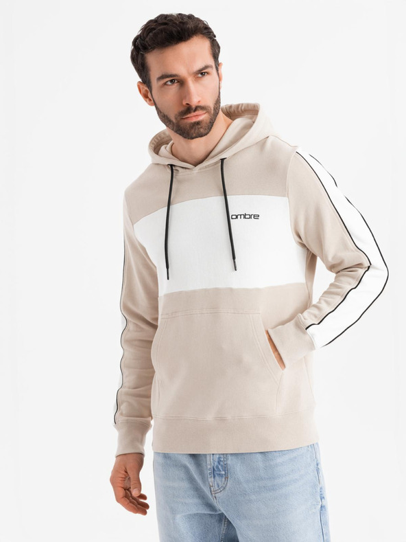 Ombre Clothing Pánská bavlněná mikina s kapucí s kontrastními prvky - béžová