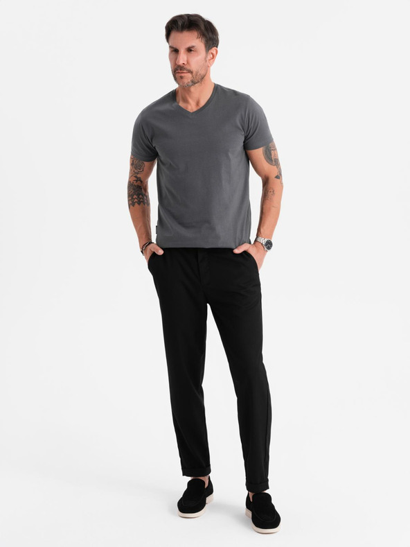 Ombre Clothing Pánské klasické bavlněné tričko BASIC s výstřihem do V - grafitová