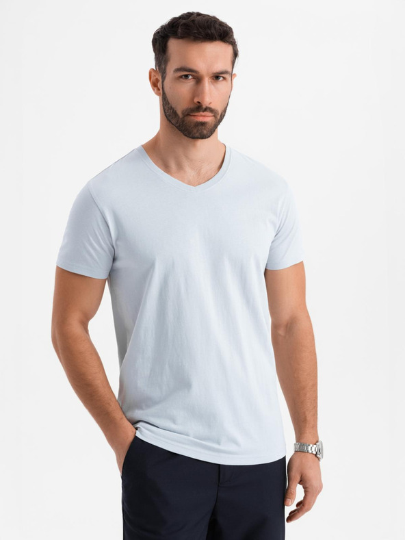 Ombre Clothing Pánské klasické bavlněné tričko BASIC s výstřihem - světle šedé