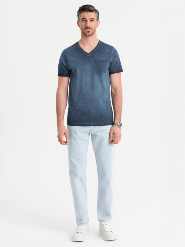 Ombre Clothing Pánské bavlněné tričko s výstřihem do V a sepraným efektem - tmavě modré