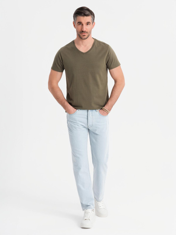 Ombre Clothing Pánské klasické bavlněné tričko BASIC s výstřihem do V - tmavě olivově zelené