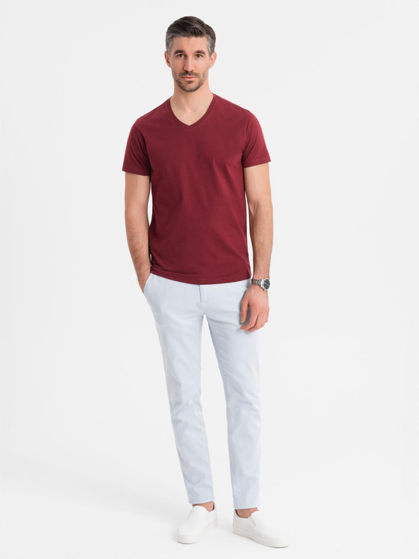 Ombre Clothing Bavlněné klasické pánské tričko BASIC s výstřihem do V - bordó