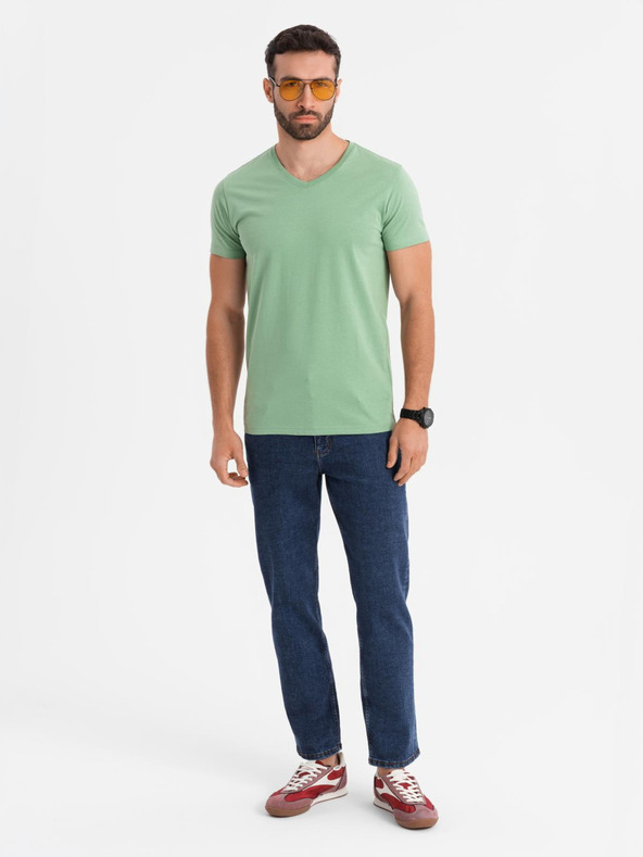 Ombre Clothing Bavlněné klasické pánské tričko BASIC s výstřihem do V - zelené