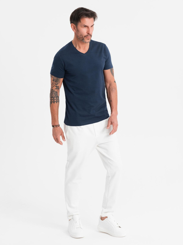 Ombre Clothing Pánské klasické bavlněné tričko BASIC s výstřihem do V - tmavě modré