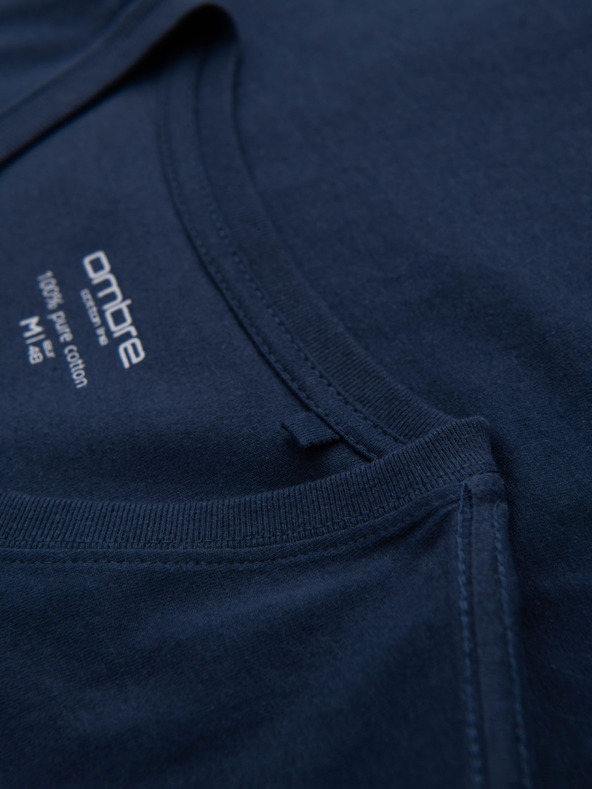 Ombre Clothing Pánské klasické bavlněné tričko BASIC s výstřihem do V - tmavě modré