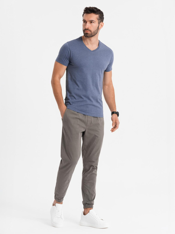 Ombre Clothing Pánské klasické bavlněné tričko BASIC s výstřihem do V - modrý melír