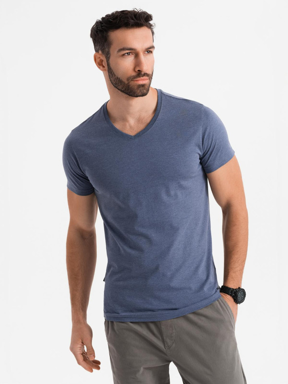 Ombre Clothing Pánské klasické bavlněné tričko BASIC s výstřihem do V - modrý melír