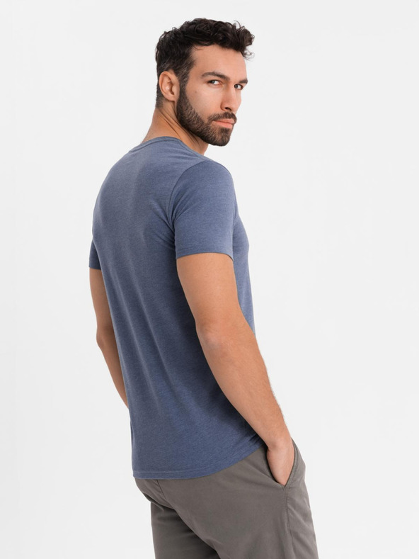 Ombre Clothing Pánské klasické bavlněné tričko BASIC s výstřihem do V - modrý melír