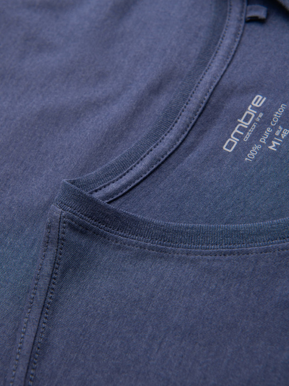 Ombre Clothing Pánské klasické bavlněné tričko BASIC s výstřihem do V - modrý melír