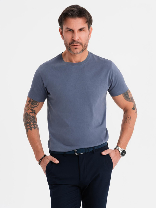 Ombre Clothing Pánské klasické bavlněné tričko BASIC - modrá džínovina