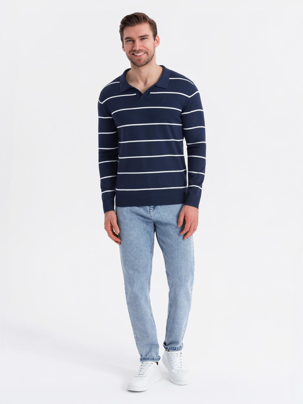 Ombre Clothing Pánská polokošile s dlouhým rukávem a vodorovným pruhem z viskózy - tmavě modrá a bílá