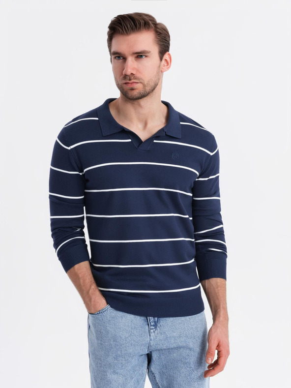 Ombre Clothing Pánská polokošile s dlouhým rukávem a vodorovným pruhem z viskózy - tmavě modrá a bílá