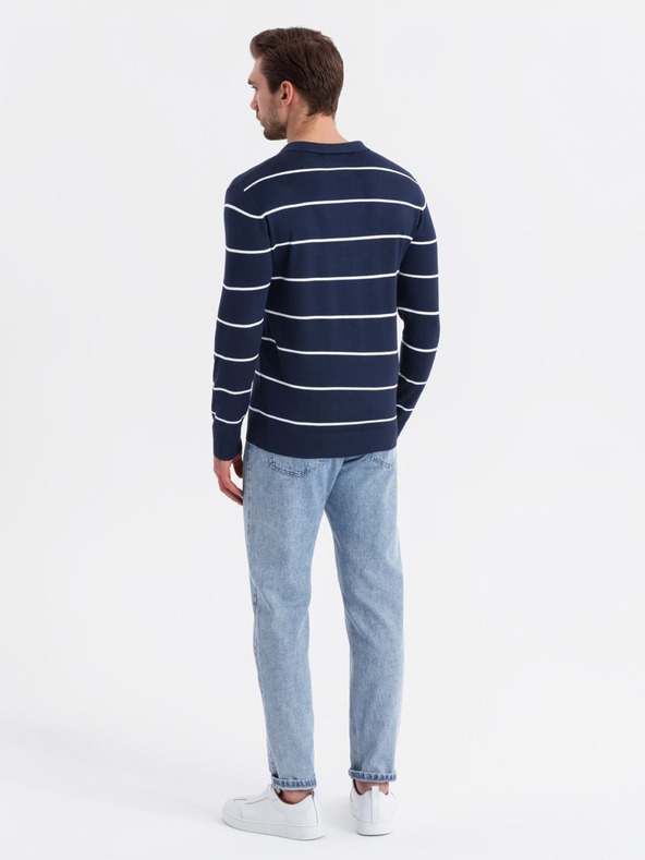 Ombre Clothing Pánská polokošile s dlouhým rukávem a vodorovným pruhem z viskózy - tmavě modrá a bílá