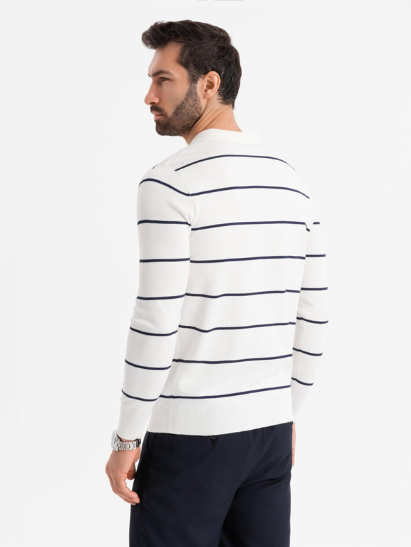 Ombre Clothing Pánská polokošile s dlouhým rukávem a vodorovným pruhem z viskózy - bílá a tmavě modrá
