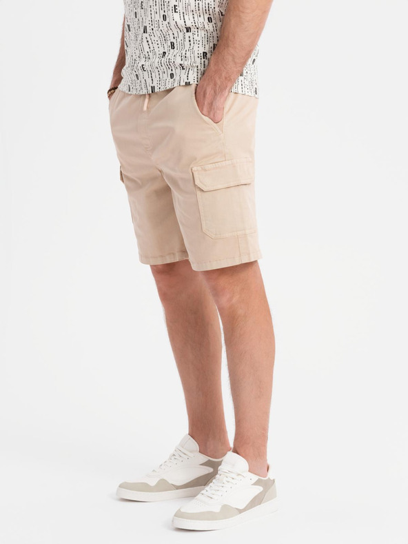 Ombre Clothing Pánské bavlněné cargo šortky s elastickým pasem - béžové
