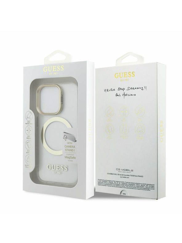 Guess Guess IML Gold Outline Stand Camera Frame MagSafe Zadní Kryt pro iPhone 15 Pro Max Transparent