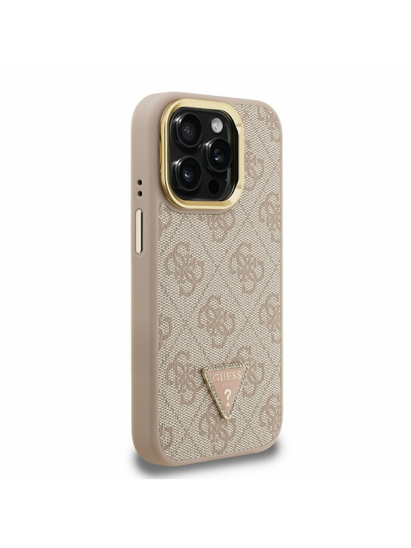 Guess Guess PU 4G Strass Triangle Logo Stand Camera Frame MagSafe Zadní Kryt pro iPhone 15 Pro Pink