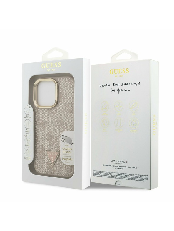 Guess Guess PU 4G Strass Triangle Logo Stand Camera Frame MagSafe Zadní Kryt pro iPhone 15 Pro Pink