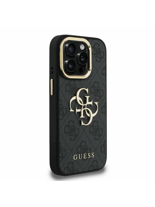Guess Guess PU 4G Metal Logo Stand Camera Frame Zadní Kryt pro iPhone 15 Pro Black