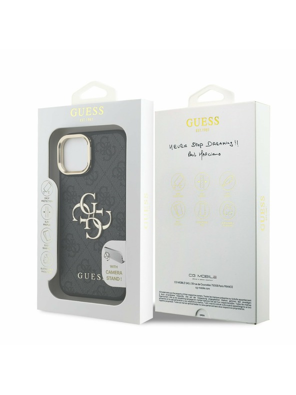 Guess Guess PU 4G Metal Logo Stand Camera Frame Zadní Kryt pro iPhone 14 Black