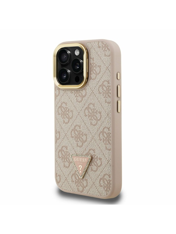 Guess Guess PU 4G Strass Triangle Logo Stand Camera Frame MagSafe Zadní Kryt pro iPhone 16 Pro Pink