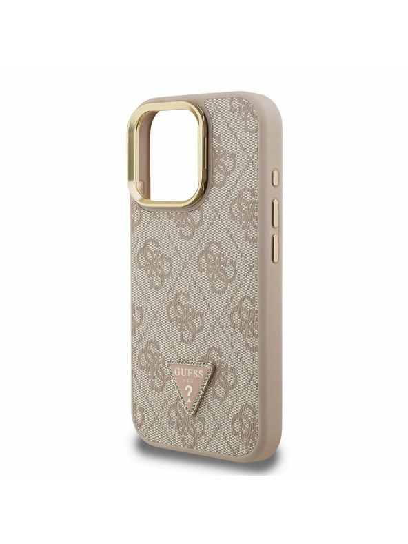 Guess Guess PU 4G Strass Triangle Logo Stand Camera Frame MagSafe Zadní Kryt pro iPhone 16 Pro Pink
