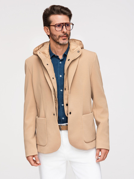 Ombre Clothing Pánská strukturovaná bunda s vysokým límcem a kapucí - světle hnědá V1 M167 Ombre Clothing